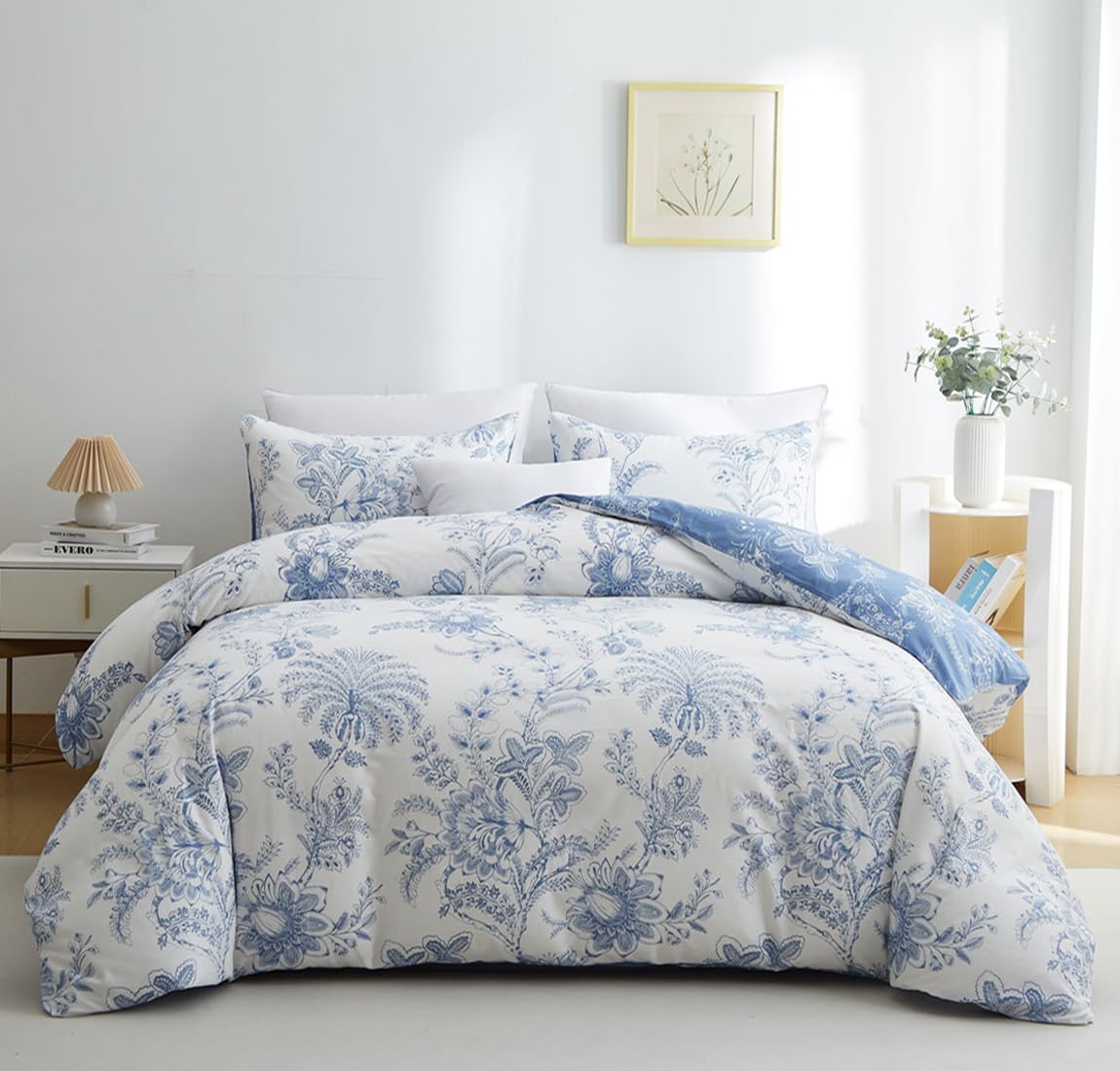 Nayoroom Floral Duvet Cover Set Queen Size Cottagecore White Blue Flower Leaf Comforter Cover 3Pcs Soft Breathable Microfiber Pa